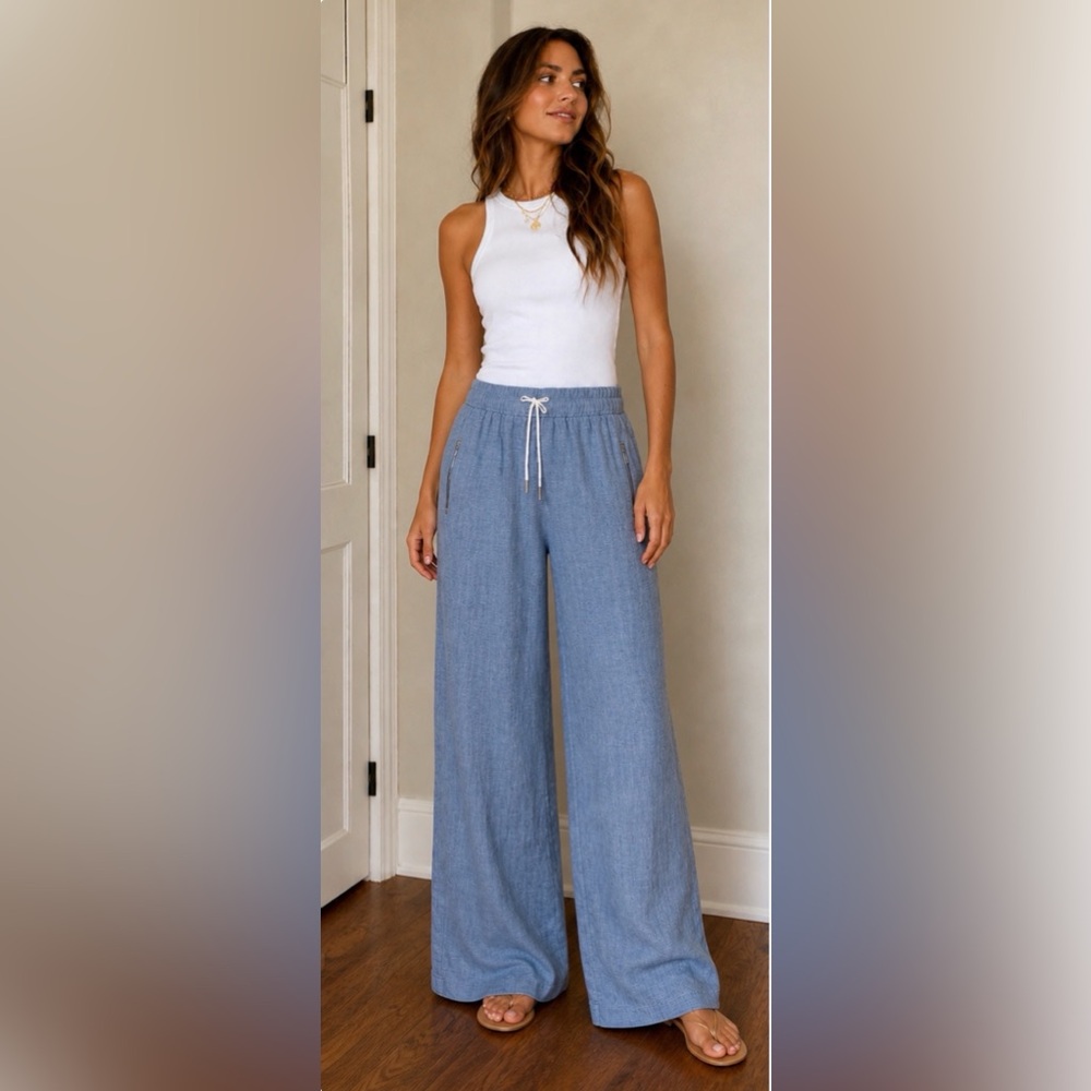 Athleta Women’s Cabo Linen Wide Leg Pants Size 6 Blue 100% Linen Drawstring